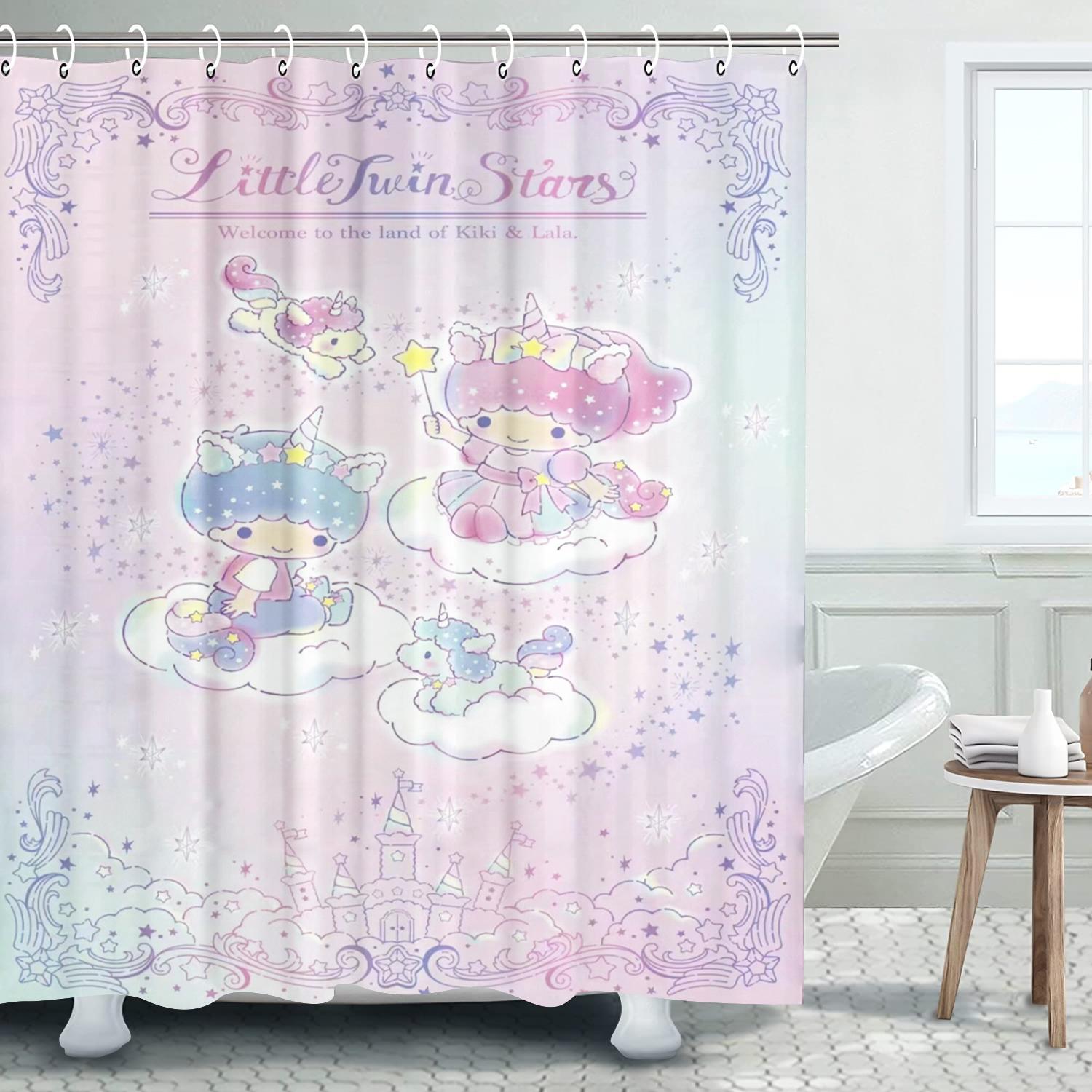 

Cartoon Little Twin Stars Cute Bathroom Sets, 100% Polyester, Sanrio Bath Shower Screen, Anime Hook Up Accessories, Kids Gift 90x180cm