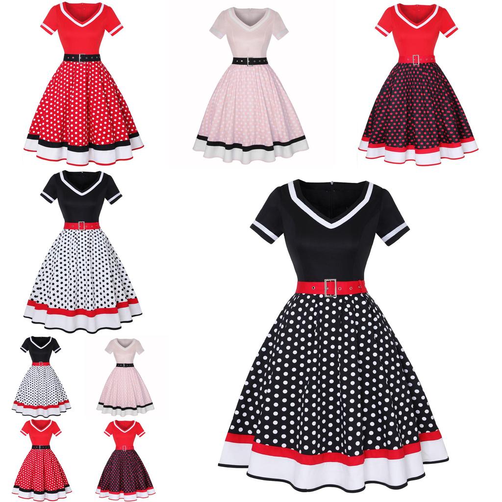 Vintage Polka Dot V Neck Maxi Dress With Piping For Evening Wear
