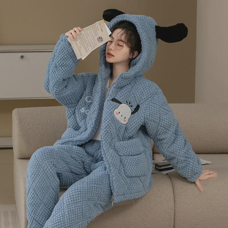 Women's Winter Pajama Set - Three-Layer Quilted, Thick Velvety Coral Fleece, Warm & Cute Bear Design