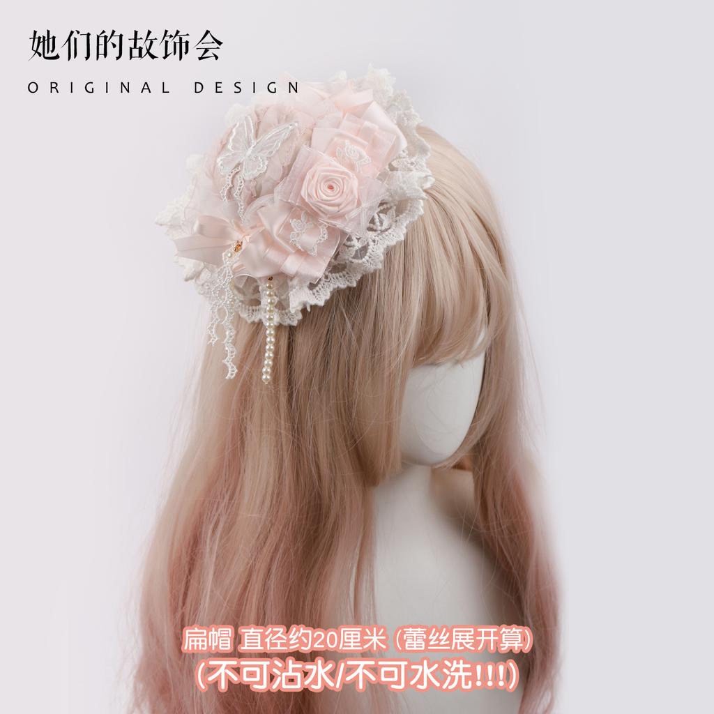 Handmade Small Sweet Lolita Accessories Milk Color Rose Heart Bow Flat Hat KC Lace Headband Top Hats