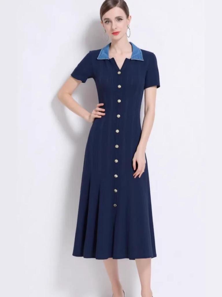 In Stock: S Brand 026 Summer French Women's Short Sleeve Elegant Knit Long Dress