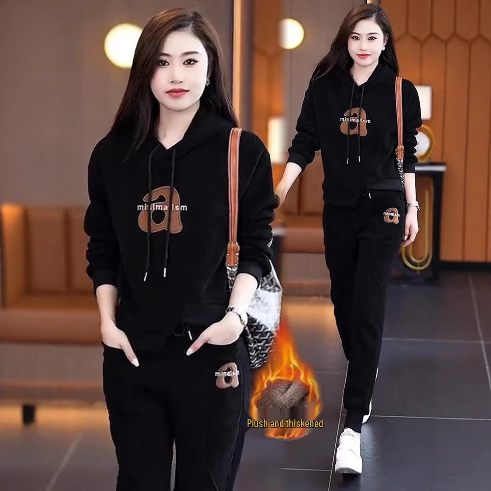 Women's Fleece-Lined Hooded Sweatshirt & Sweatpants Set - Stylish, Slimming, Perfect for Autumn/Winter 2024