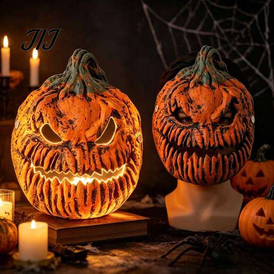 Wearable Pumpkin Mask with Elastic Strap Halloween Head Light Cover Mask, 3D Scary Face Lamp Outdoor Porch Decorations Shade for Garage, Cosplay