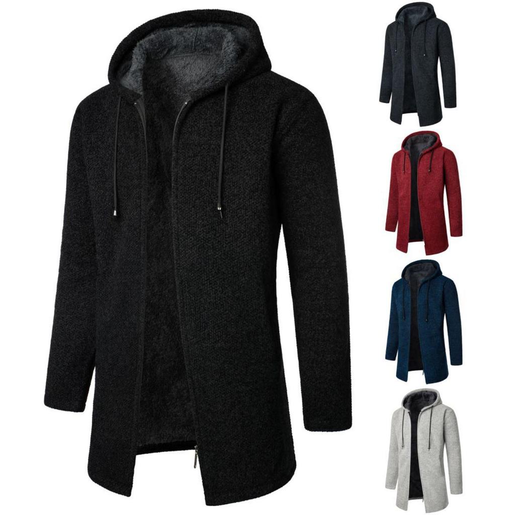 Men's Medium Long Coat Hooded Plush Plaid Knitting Drawstring Coat Sweater Warm Solid Color Jackets Tops