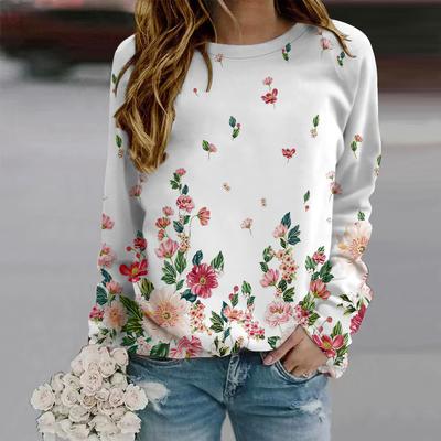 Herbst Herbst Damenmode O Hals Langarm T-Shirt Lose Kleidung Weiß Fliegende Blumen Print T-Shirt Für Mädchen Straße