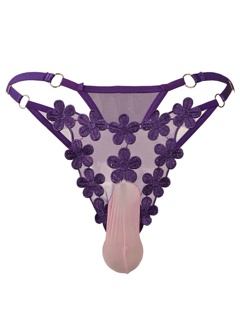 Mens Sissy Pouch Panties Gays Sheer Lace Embroidery Underwear Lingerie Sexy Soft Comfy T-Back Thong G-String Knickers Sleepwear