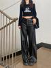 Plus Size Women's Black PU Leather High Waist Straight Leg Pants - Loose, Floor-Length, Wide/Narrow Leg Style for Spring/Autumn.