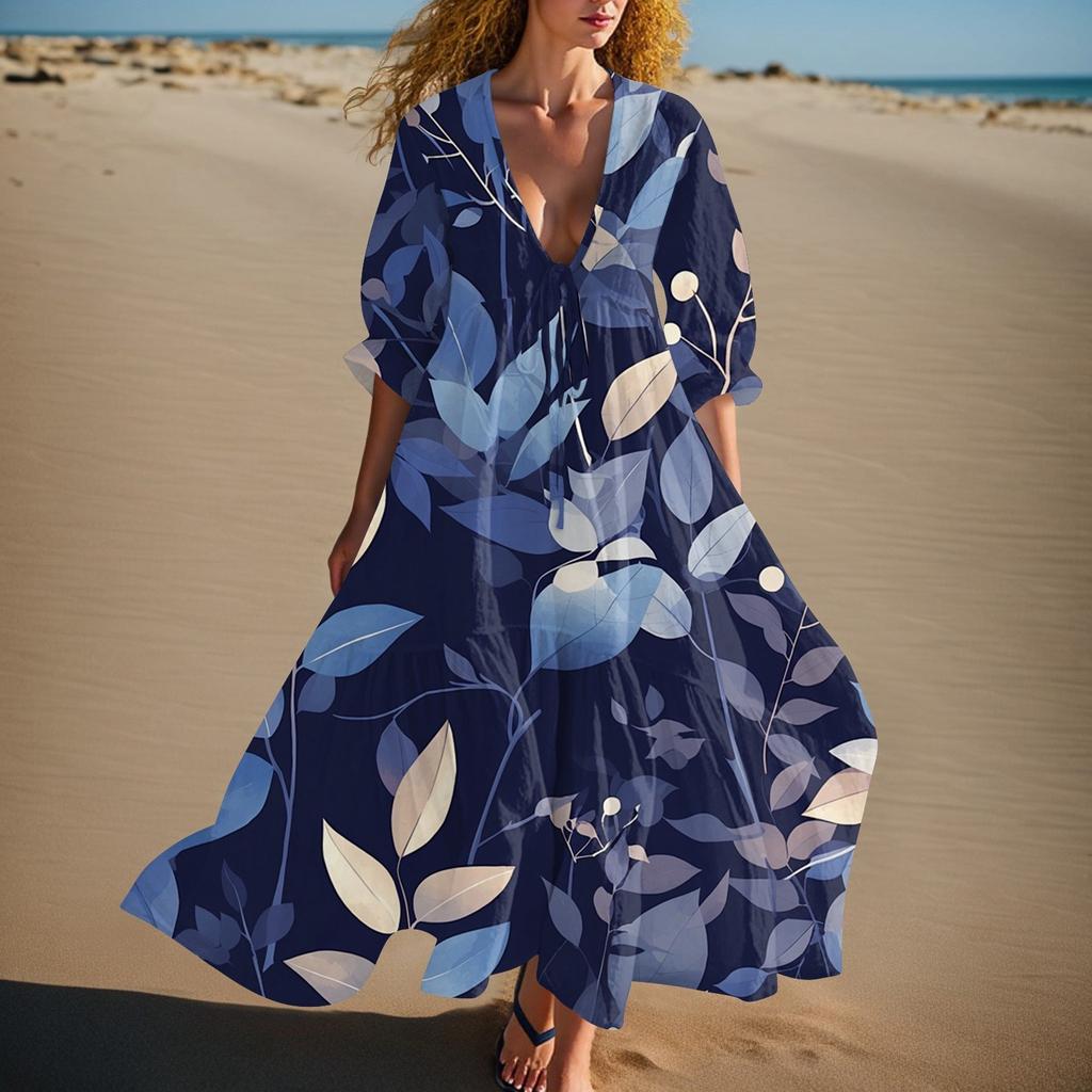 Women's Summer Fashion V-neck Retro Floral Print Short Sleeved Beach Dress With Lace Patchwork Dress