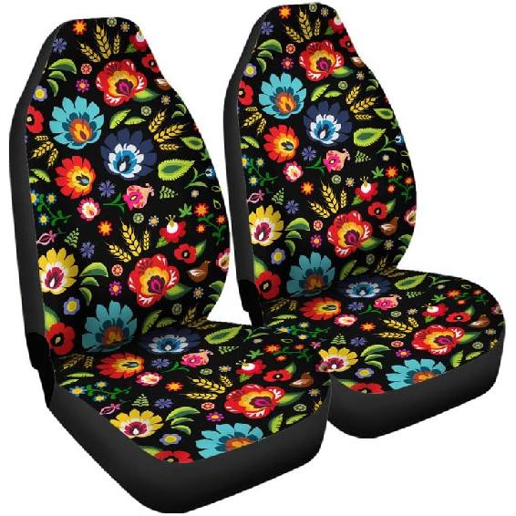Bulopur Black Boho Floral Car Seat Covers Front Seats Only for Women Men Seat Covers w/Organizer Pocket for Cars SUV Truck Sedan