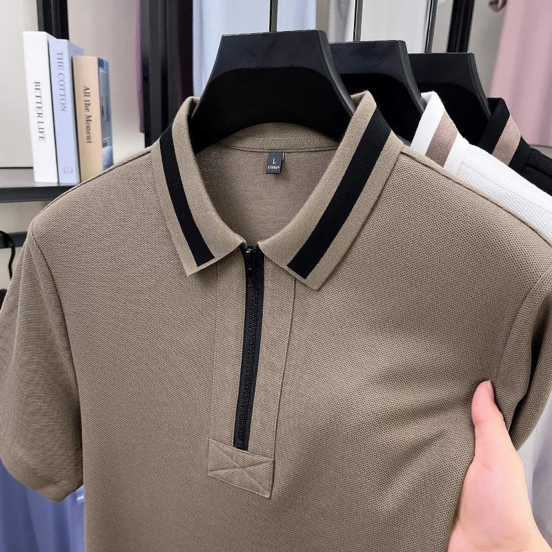 Simple And Atmospheric Splicing Retro Half-Zipper Shirt Medium Men'S Polo Shirt Short-Sleeved Loose