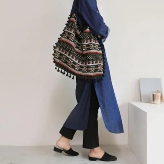 WTEMPO Große Kapazität Einzelne Schultertaschen im Ethno-Stil Damen Umhängetaschen aus Jacquard-Bohemien-Stil mit Fransenstoff