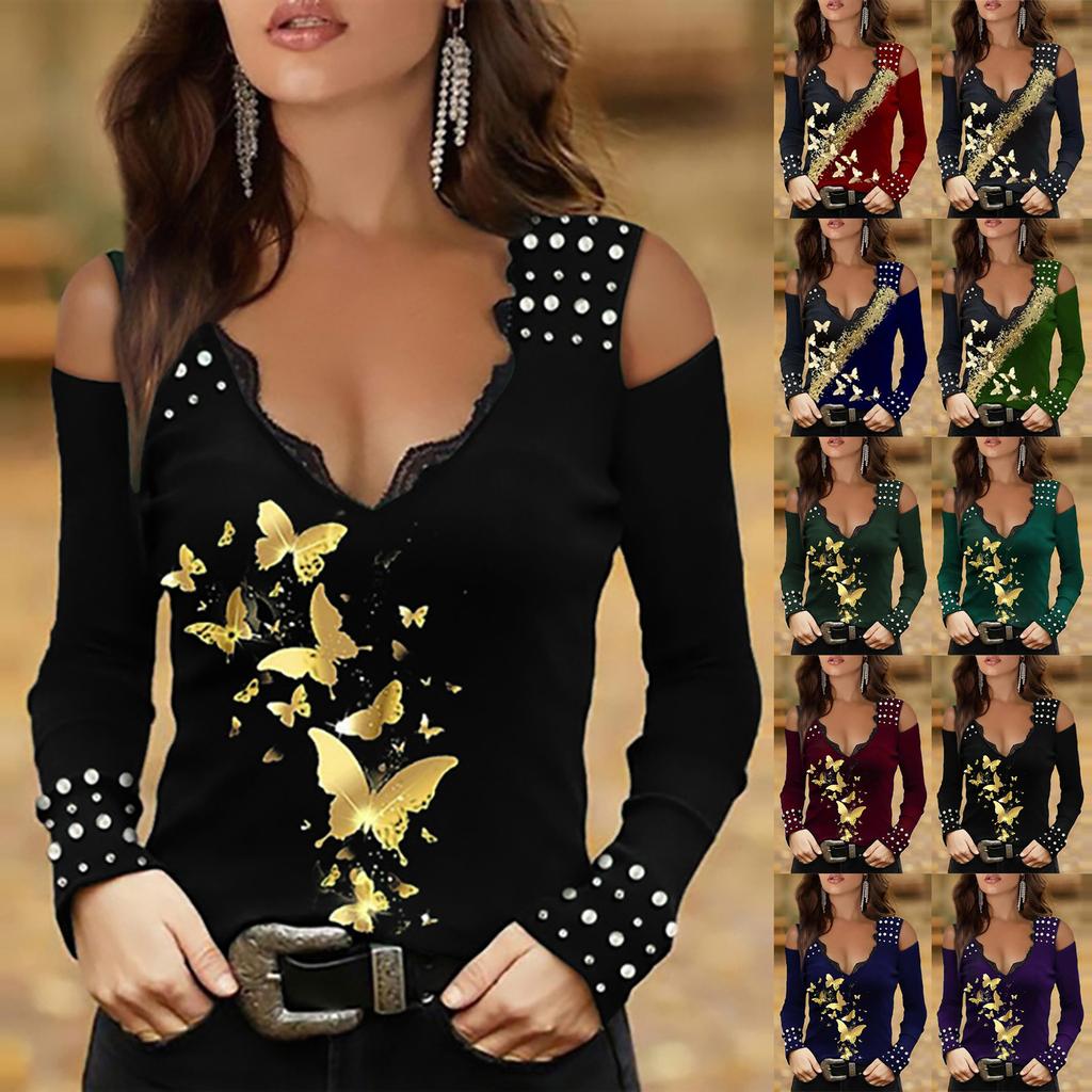 Γυναικεία Μακρυμάνικη Σέξι Μπλούζα Τοπ με Δαντέλα Στράπλες και V Λαιμόκοψη με Μοτίβο Πεταλούδας