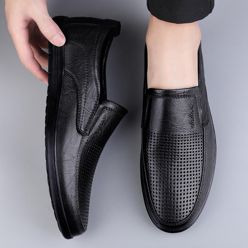 Men's Leather Casual Shoes Breathable Hollow Slip on Lazy Driving Shoes Office Fashion Shoes