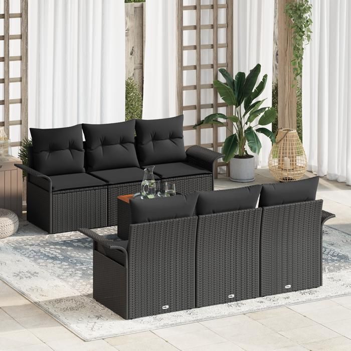 Ensemble de Canapé de Jardin 7 Pièces avec Coussins Noir Poly Rattan Acacia, Canapé de Jardin 2 Places avec Rangement &amp; 3355944