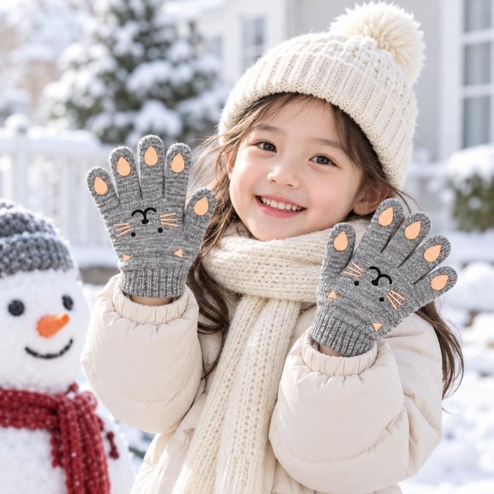Thickened Kids Knitted Gloves Cartoon Print Thermal Gloves Children Winter Warm Gloves  Daily Wear