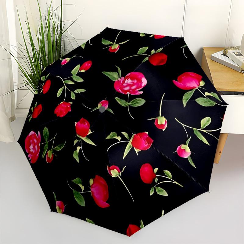 1pc Red Rose Pattern Folding Umbrella | Elegant Design, Fashionable Accessory, Durable Construction, Sturdy Ribs Yy251107106