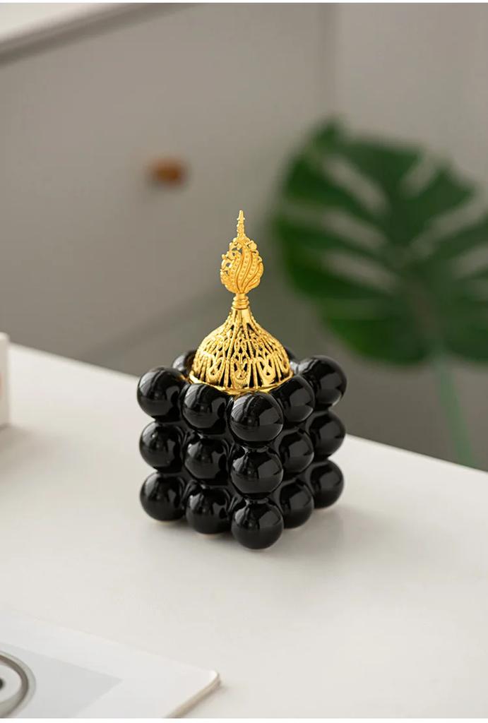 Golden Ceramic Cube Incense Burner Middle Eastern Arabian Festival Handheld Home Decor