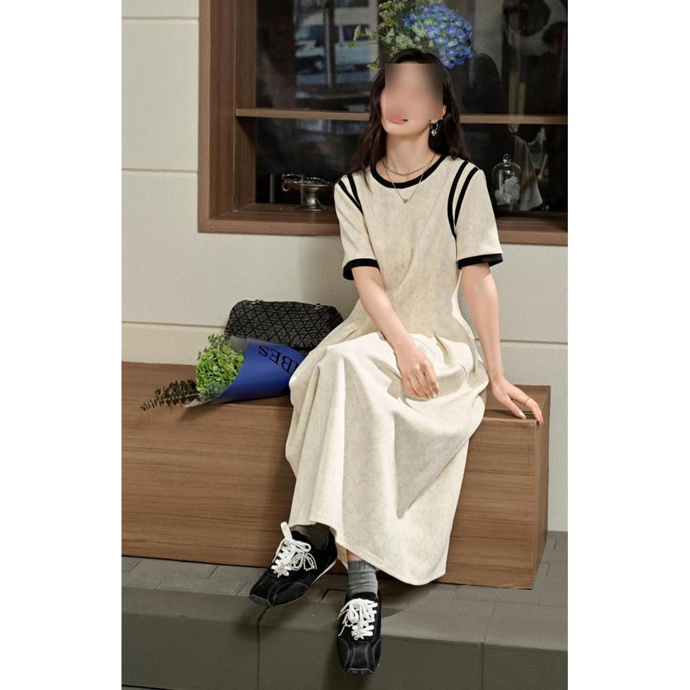 

2025 Spring/Summer Women s Grey Short-Sleeve Waist-Cinching Slim-Fit Spliced Dress XL (120-130 lbs)