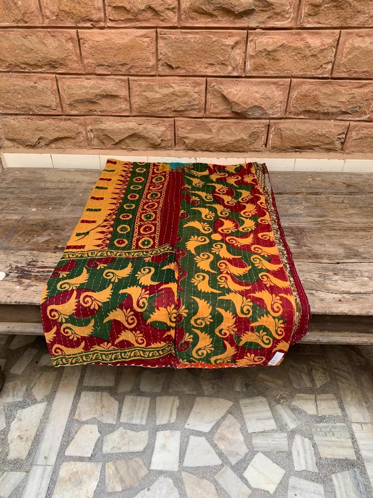 Handmade Kantha Quilt Throw: Vintage Sari Patchwork, Reversible Boho Blanket