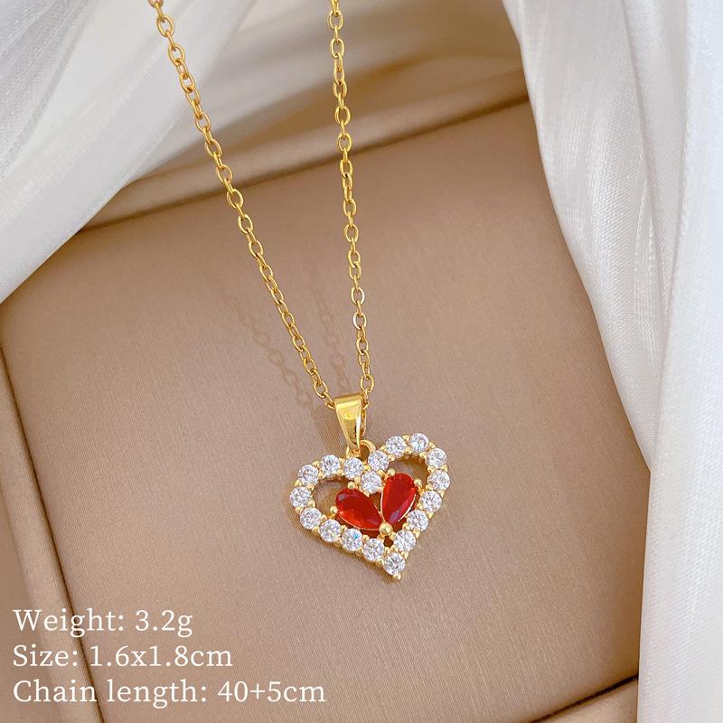 Stainless Steel Copper Micro-Inlaid Natural Stone Heart Fashion Light Luxury Elegant Electroplated Sporty Unisex Necklace
