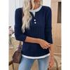 Fall Winter Women's Fake Two-piece Crew Neck Button Pullover Brushed Long Sleeve T-shirt, Casual Top for European American Crossborder