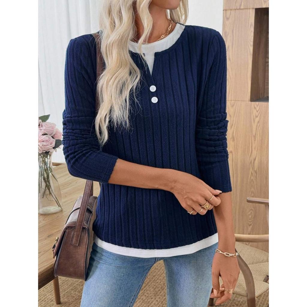 Fall Winter Women's Fake Two-piece Crew Neck Button Pullover Brushed Long Sleeve T-shirt, Casual Top for European American Crossborder
