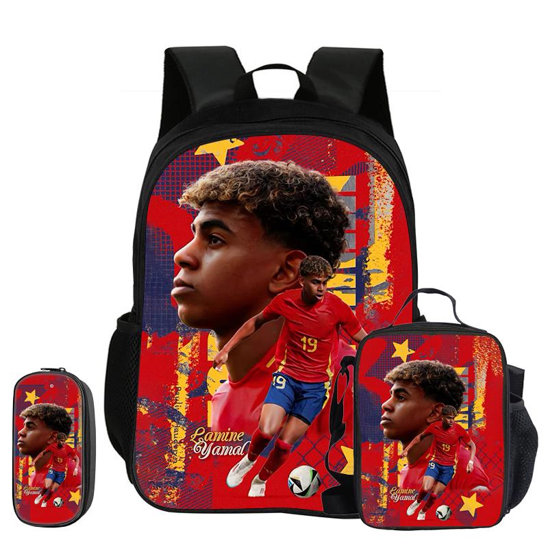 Kinderrugzak L-Lamin Yamal Voetbalster 3-delige Set Schoolrugzak Etui's Boekentas met Lunchtas Sportrugzak Kindercadeau