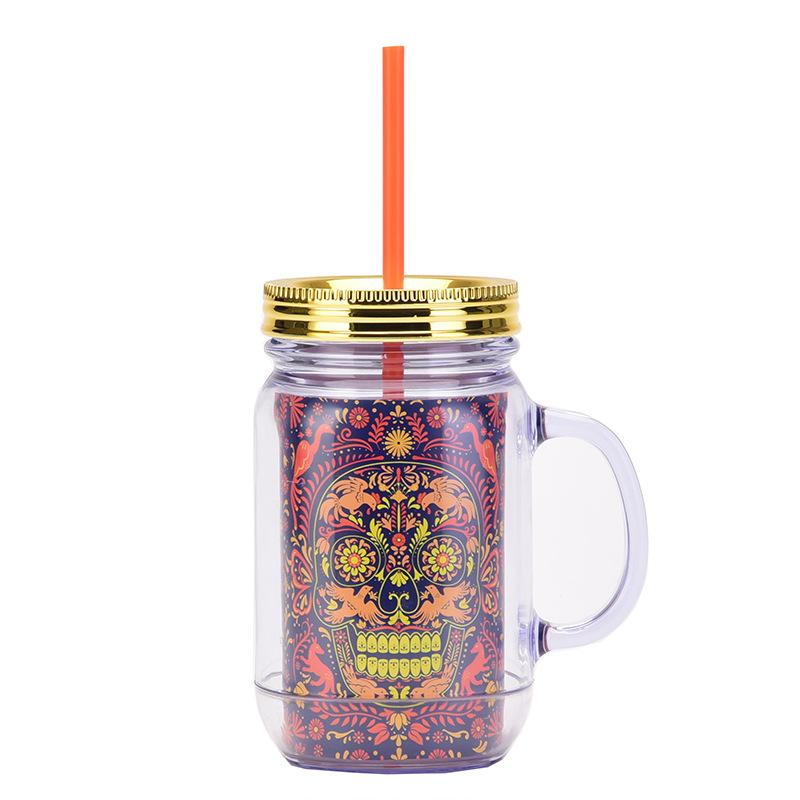 Double Plastic Cup Colored Skull Halloween Party Water Cup Portable Creative Straw Cup