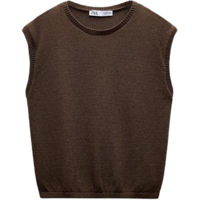 Einfacher Strick-Ärmelloser Pullover mit Rundhalsausschnitt für Damen, Tops, Braun 6771114-717