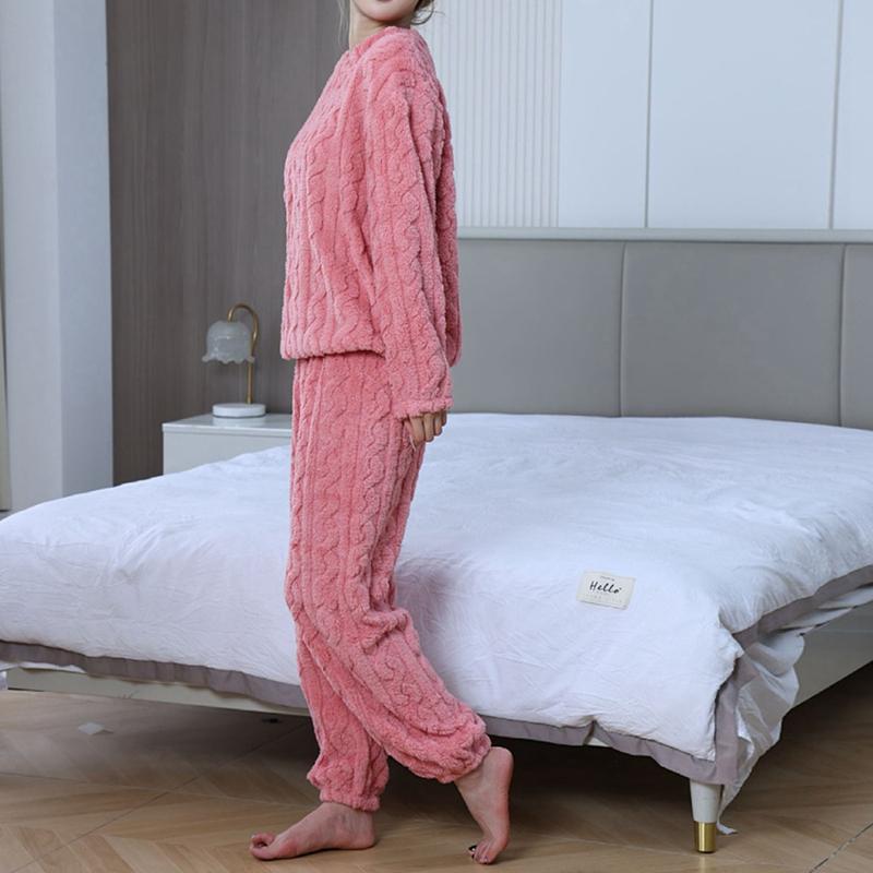 Damen Herbst- und Winter Korallenfleece Freizeit-Pyjama-Set Warmes Langarm-Oberteil und Hose Hauskleidung Zweiteilig
