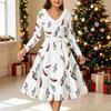Women Floral Print Midi Dress, Long Sleeve V‑Neck Furry Trim A‑Line Party Dress, Christmas Limited Edition