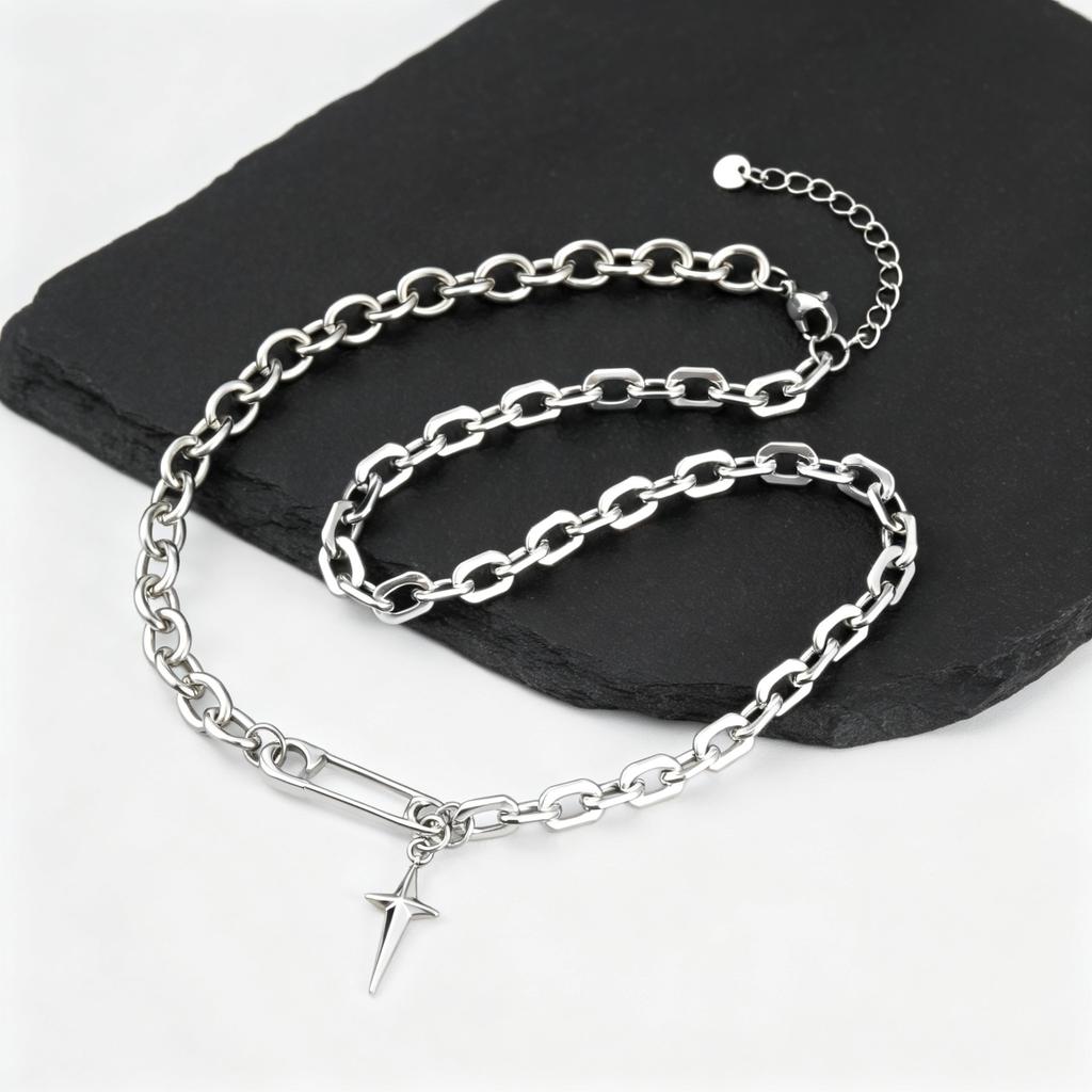 Hip Hop Splicing Chain Necklace for Men Boys,Stainless Steel Paper Clip Four-point Star Charm Chokers,Punk Streetwear Jewelry