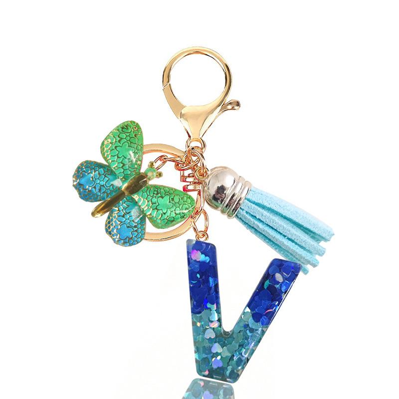 Blue Series 26 Epoxy Letter Keychain Holiday Love Fringe Accessories Gradual Change Butterfly Keychain