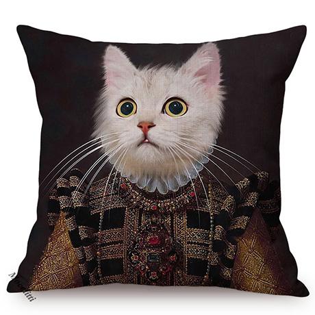Cat Funky Animal Portrait Europe Renaissance Oil Painting Posters Style Decorative Throw Pillow Cases Linen Sofa Cushion Cover