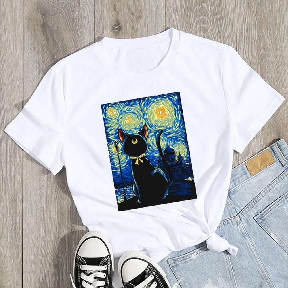 Van Gogh Starry Night Cat in the Print Dámské oblečení Tričko Estetický vzor Bílé Dámské tričko Polyester s krátkým rukávem