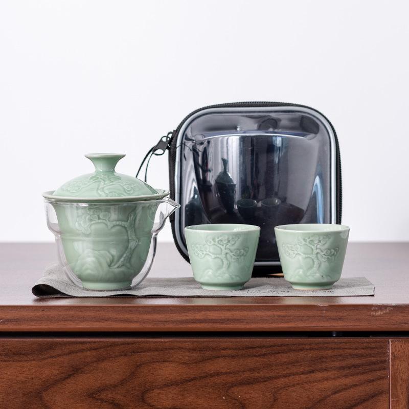 Celadon Ge Kiln Opening Film Can Raise Outdoor Portable Travel Tea Set, One Pot and Two Teacups, Gifts