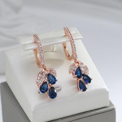 Eleganti orecchini pendenti con foglie di zirconi blu per le donne Gioielli dorati per personalità di nozze per feste