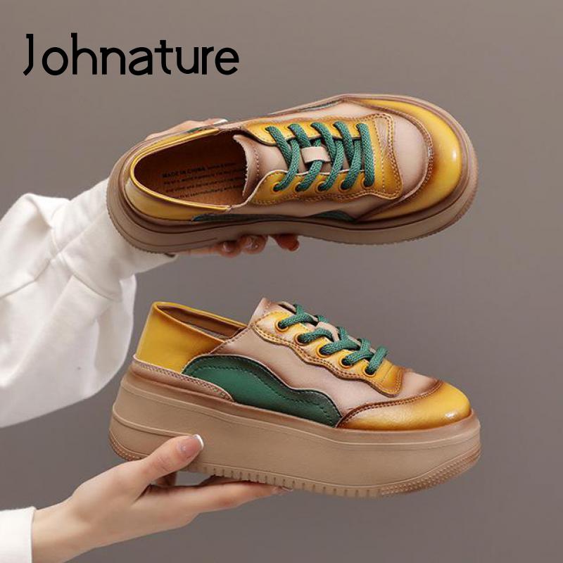 

Johnature Натуральная кожа Насосы Женская обувь Смешанные цвета Шнуровка Платформа Каблуки Круглый носок Мода Шитье Женская обувь