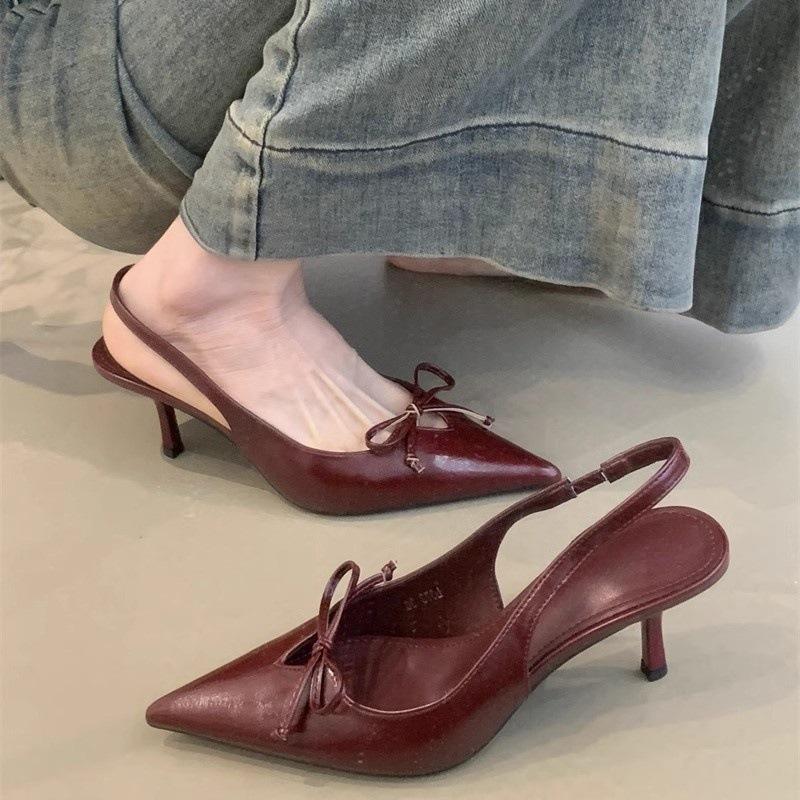 

Красные туфли на высоком каблуке женские туфли 2025 новый темперамент элегантный бант острый носок тонкий каблук сумка голова сандалии женские 42 красный