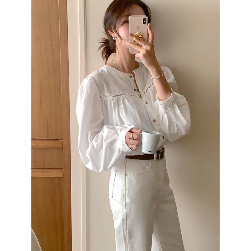 

Корейский шик, лоскутное кружево, круглый вырез, рубашка, молодящая, для женщин - Весна/Осень 2025 2XL белый