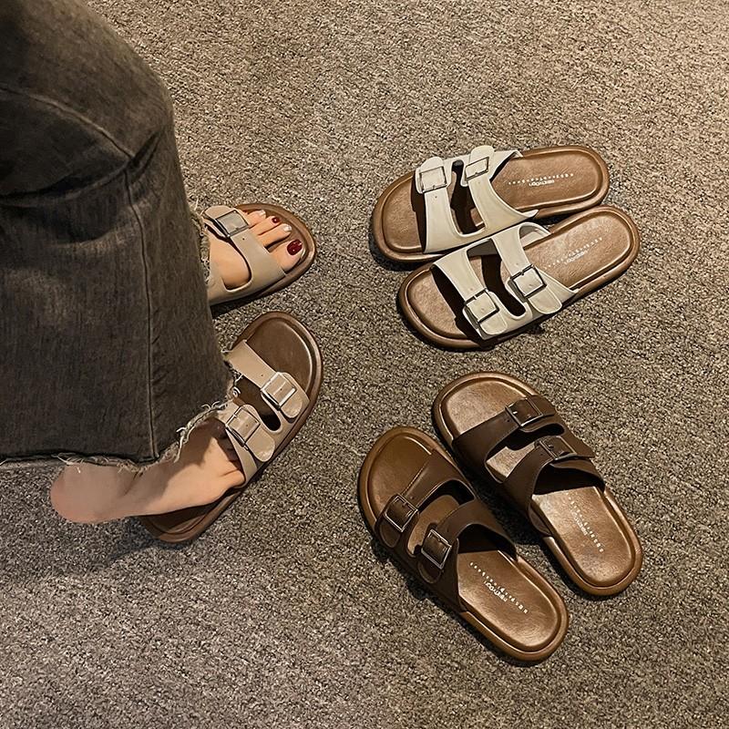 Slippers Casual Beach Shoes Slippers Women's Low Luxury Wooden Shoes Summer 2024 New Fashion Solid Color Sewing Casual