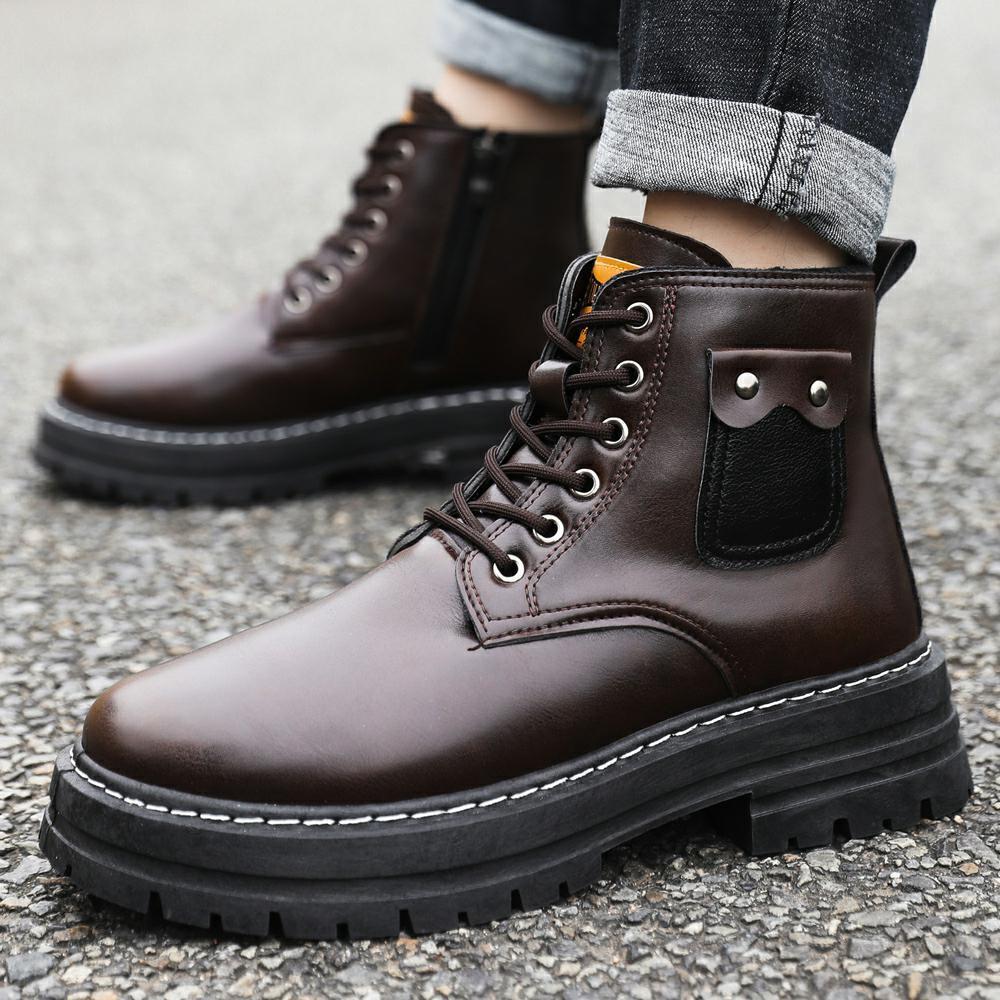Men's High Top Winter Warm Lined Genuine Leather Cotton Boots Thick Sole Height Increasing English Workwear Anti Slip Snow Boots