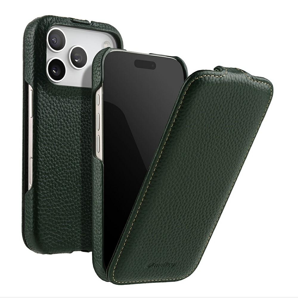 MELKCO For iPhone 17 Pro Max Case Compatible with MagSafe Vertical Flip Genuine Cow Leather+PC Phone Cover