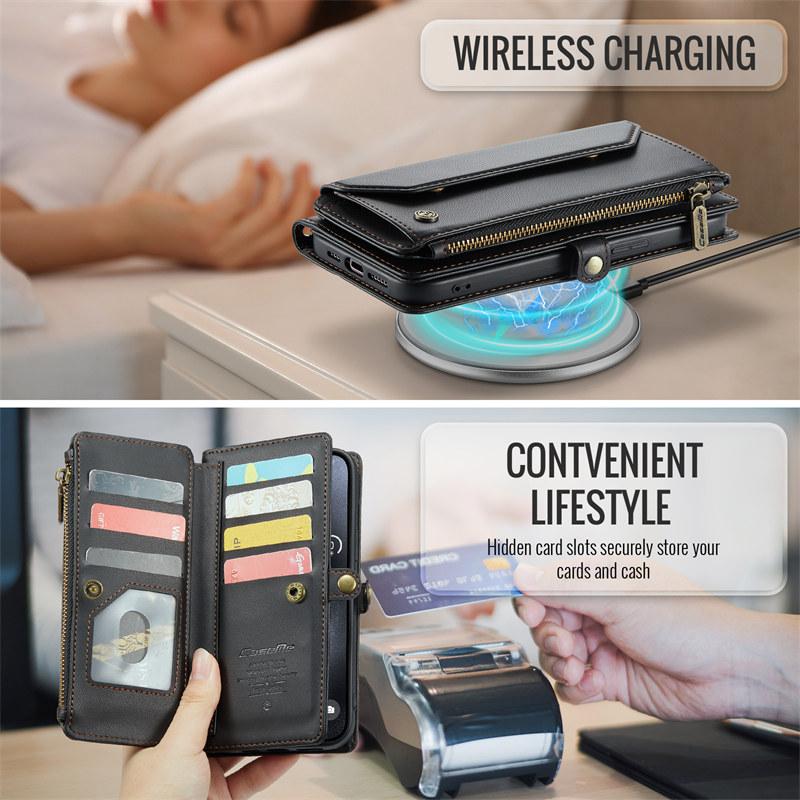 Capa de Celular de Couro Flip com Cordão Longo para iPhone 17 Pro Max Air 16E 16 Plus 15 14 13 12 11 X XS XR SE 2022 8 Carteira com Zíper Porta Multi Cartões Capa