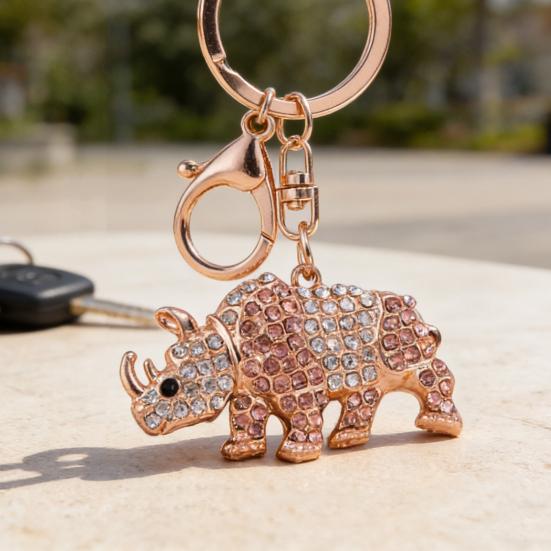 Keychain Pendant 3D Cartoon Rhinoceros Design Sparkling Rhinestones Inlaid Key Chain with Lobster Clasp Key Ring Bags Accessories