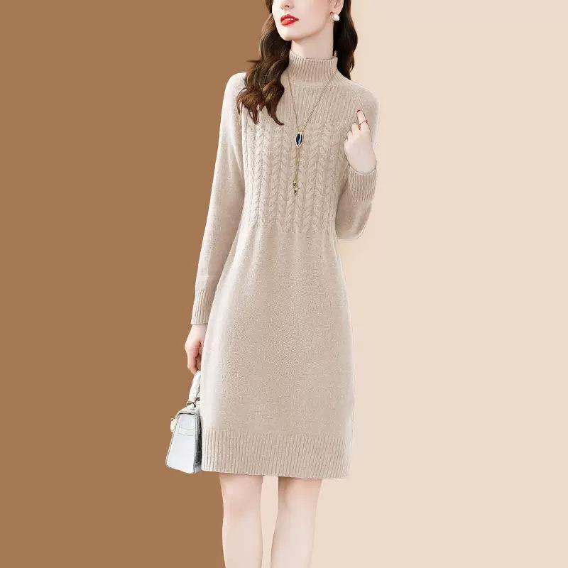 Sweater Dress for Women Versatile for Spring and Autumn Half Turtleneck Knitted Sweater Casual Solid-color Long-sleeved Pullover