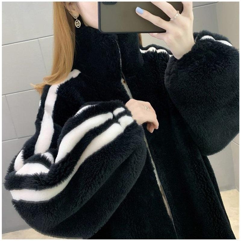 Gestreifter Fleece-Mantel Damen Stehkragen Reißverschluss Warm Plüsch Außenbekleidung