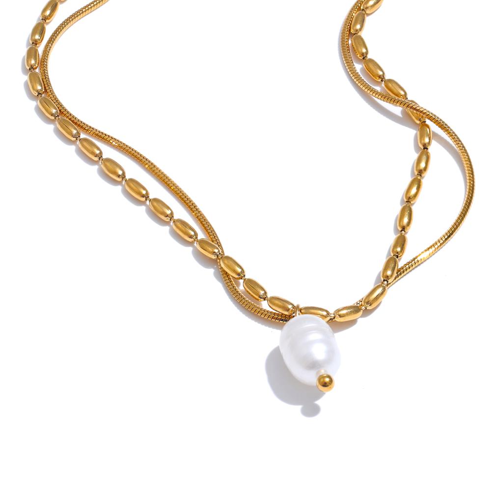 

Yhpup High Quality Stainless Steel Double-layered Chain Natural Pearl Necklace Pendant Tarnish Resistant Daily Exquisite Jewelry