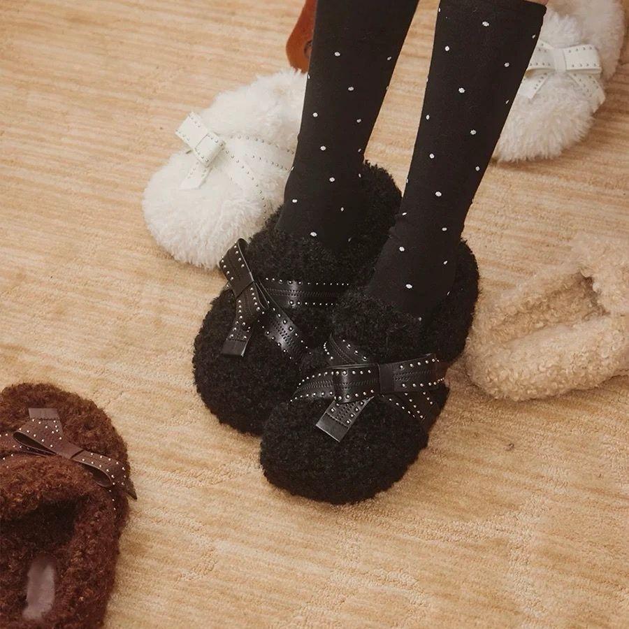 Retro Thick-soled One-pedal Slippers Velvet Cotton Shoes Autumn and Winter Design Sense Fashion French Casual Fluffy Shoes Women's Shoes