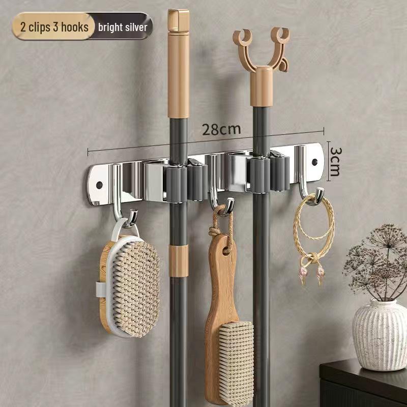 Stainless Steel No-Drill Mop & Broom Wall Mount Hanger